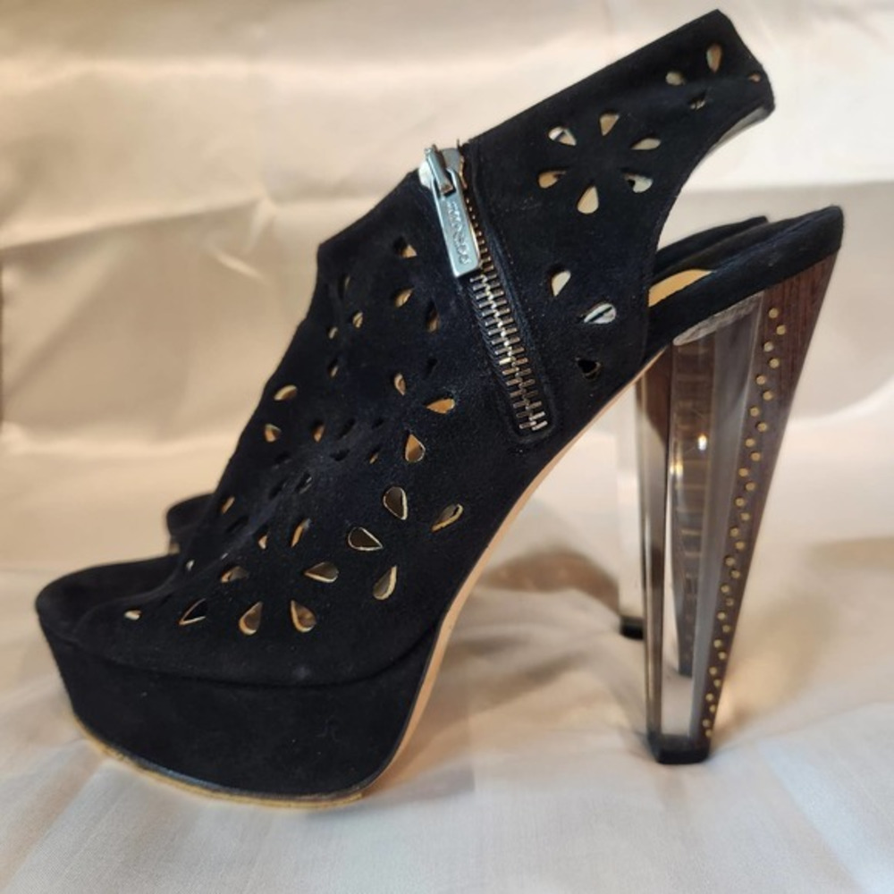 Jimmy Choo‎ Suede Lasercut Slingback Sandals in Black Size 37.5